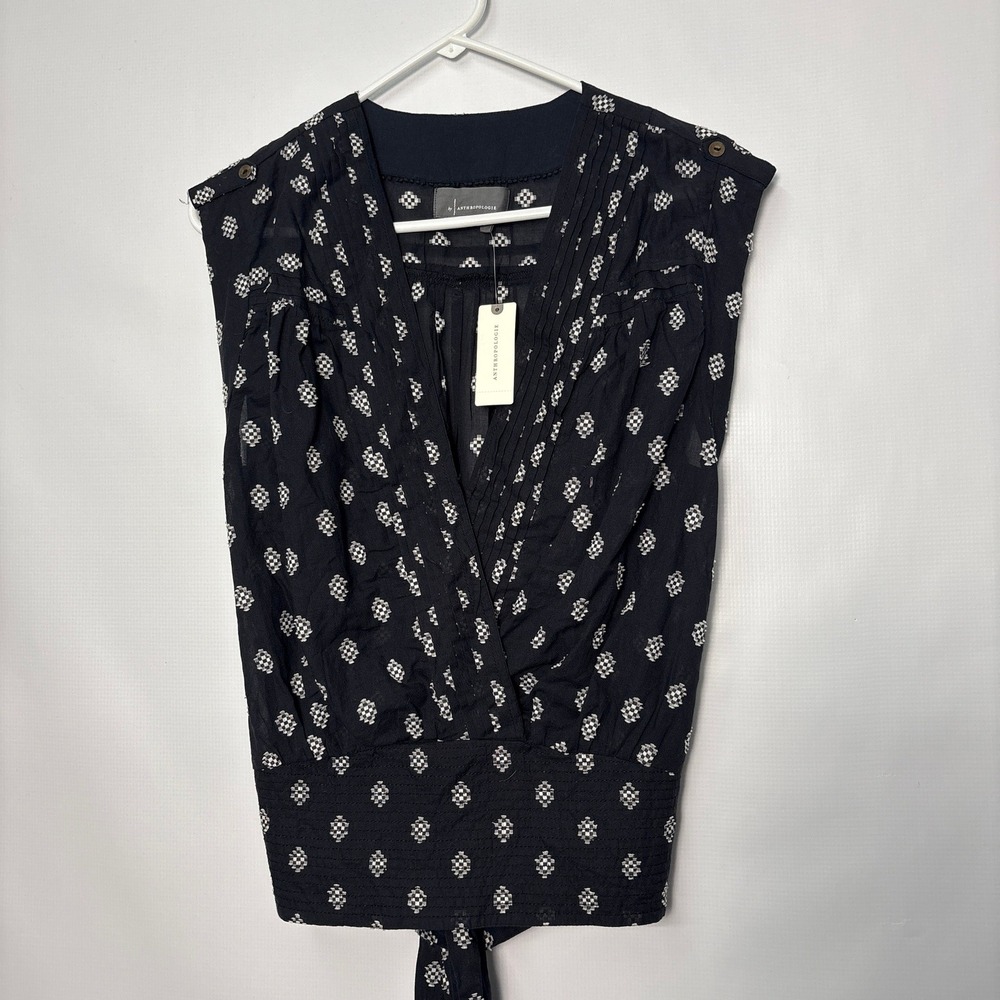 Anthropologie Black Motif Pintuck Smocked Peplum Wrap Blouse NWT XL